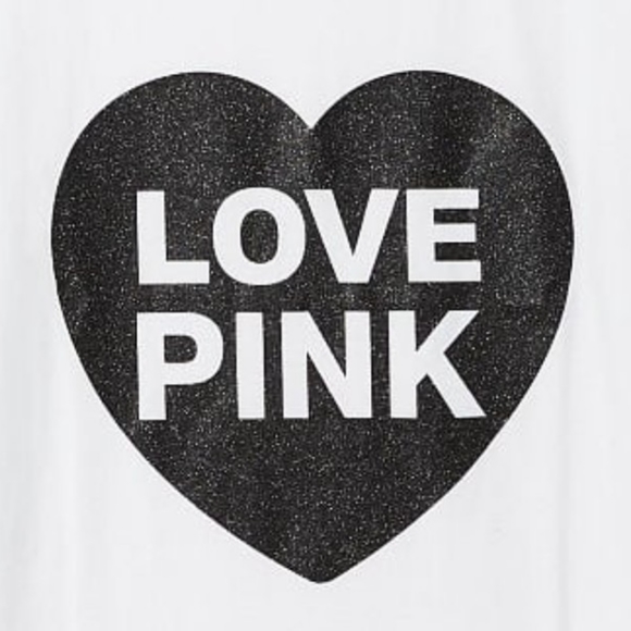 VS PINK White Pink Originals Black Glitter Shine Heart Logo Everyday Tee XL NEW - Picture 4 of 9